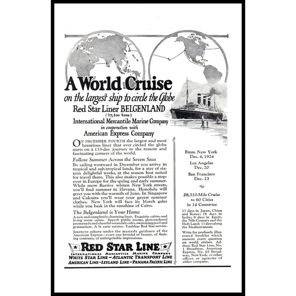 1924 Red Star Line World Cruise Belgenland Vintage Print Ad Globe Map Wall Art